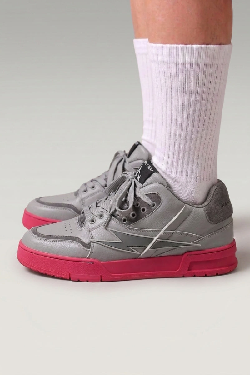 Pink Japanese street sneakers 'Inazuma', worn on foot with white socks — Japanese streetwear style