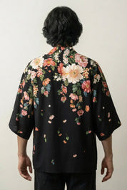 Yukata Haori 'Floral Edition' — delicate scattered-floral print on black kimono jacket