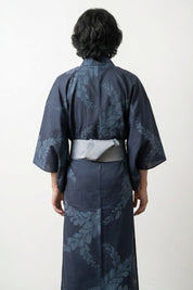 Yukata Man 'Shinryoku' — navy men's yukata, tone-on-tone pale-blue foliage print
