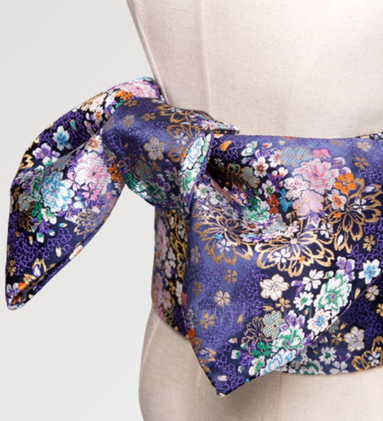 Genuine women's obi belt in a sumptuous purple satin pattern