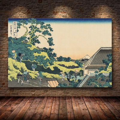 Japanese print of a map with flowering trees and craftsmen harvesting rice fields
