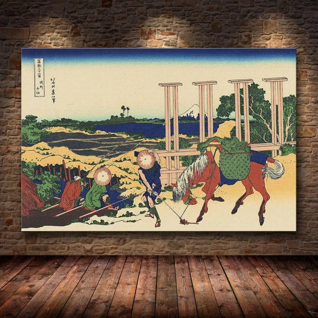 Japanese print of a horse helping to transport the harvest