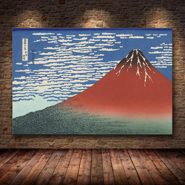Japanese print by the artist Hokusai showing an apocalyptic view of Mount Fuji