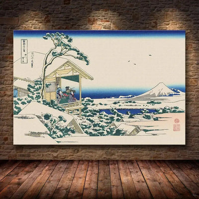 Japanese print under the snow taking down one of the famous views of Mount Fuji