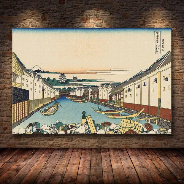 An original Japanese print representing the Ishigo canal and its boats