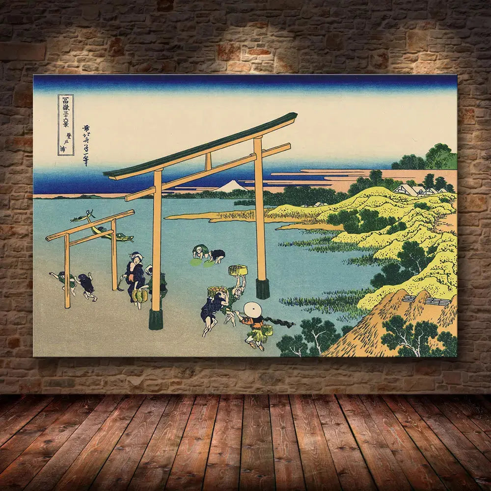 Japanese print of a rice field culture under Torii during springtime