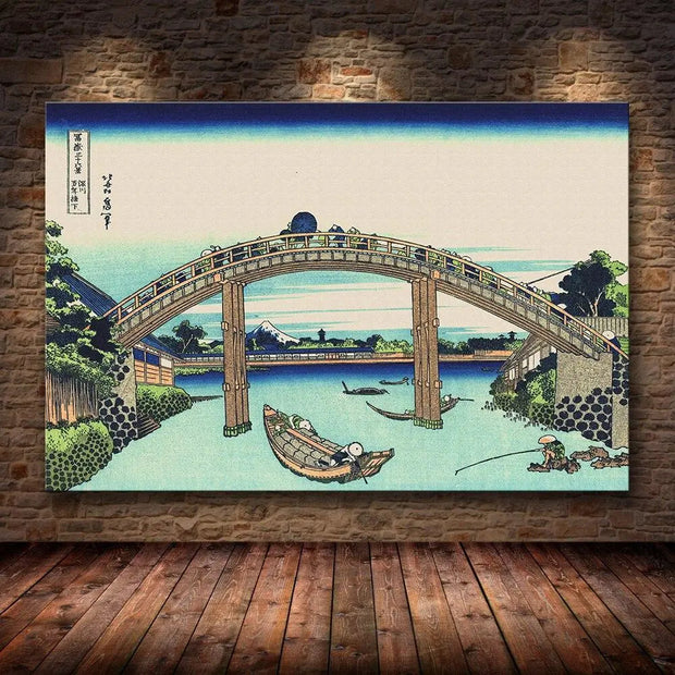 Traditional Japanese print of a wooden bridge crossing the Fuji river