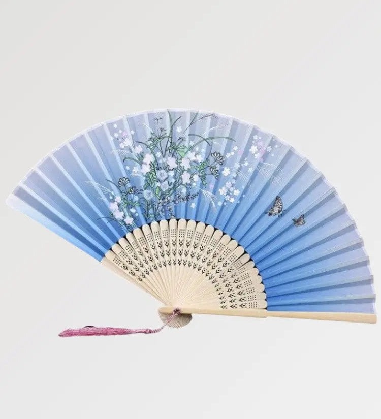 Japanese light blue fan with cherry blossom printed fabric