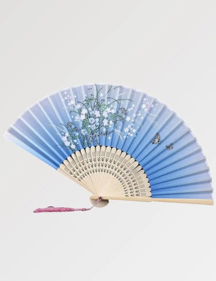 Japanese light blue fan with cherry blossom printed fabric