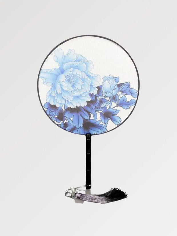 Elegant round japanese fan with flowery and bluish pattern