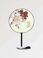 Beautiful round japanese fan with flowers and japanese inscriptions