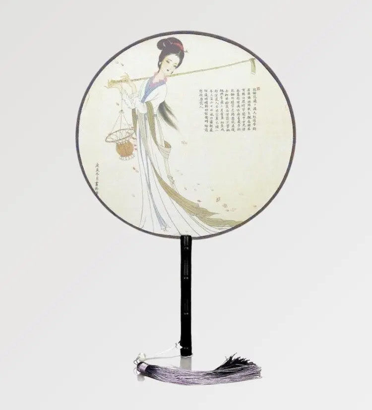 Beautiful traditional Japanese fan with bamboo structure and geisha design