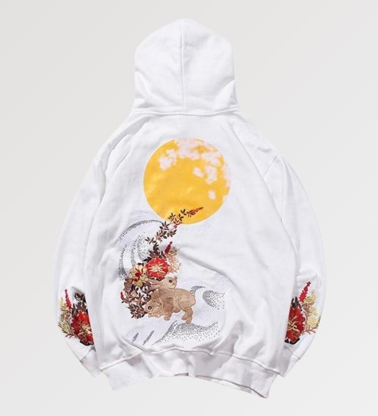 The japanese motifs of this japanese moon hoodie are fully embroidered