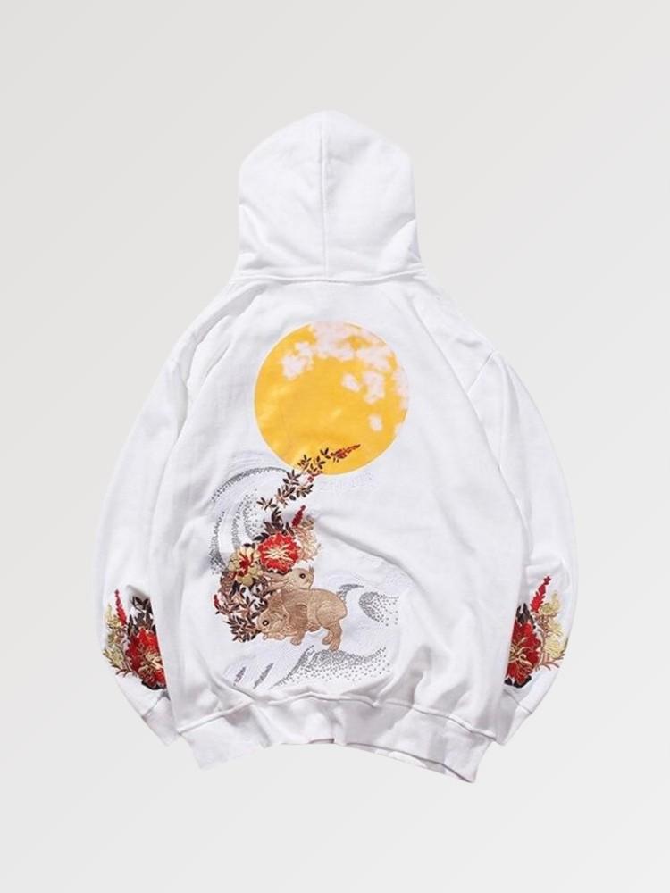 The japanese motifs of this japanese moon hoodie are fully embroidered