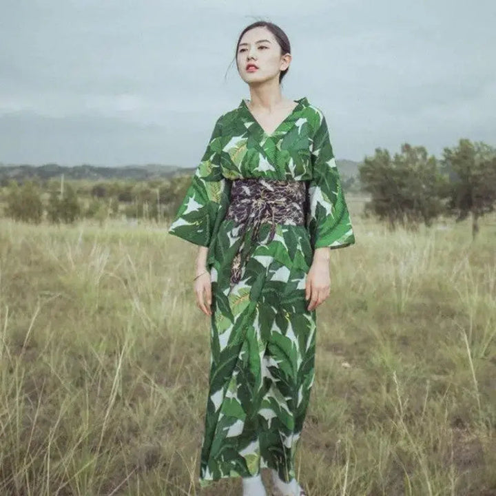 Women's Japan Kimono covered with a spring leaves pattern