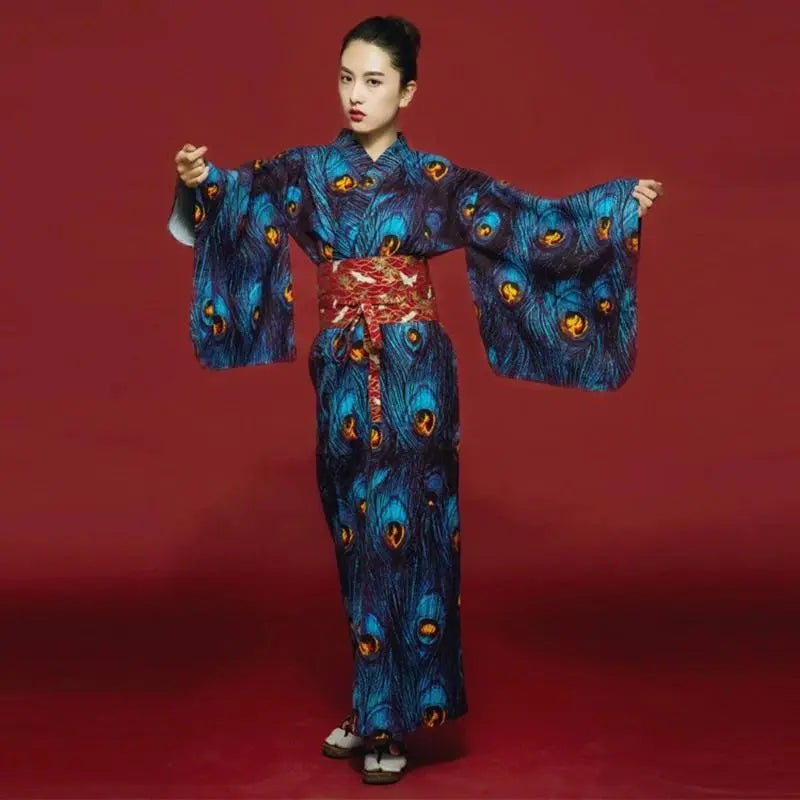 Japanese Style Kimono for Women with Peacock Feather Pattern