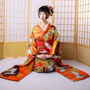 Women's Furisode Kimono with orange colors and Japanese cranes