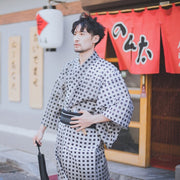 Chic Men's White Kimono with Square Pattern