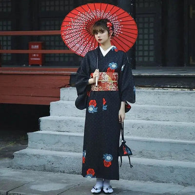 Women's Japanese Cotton Kimono with roses in a dark tone