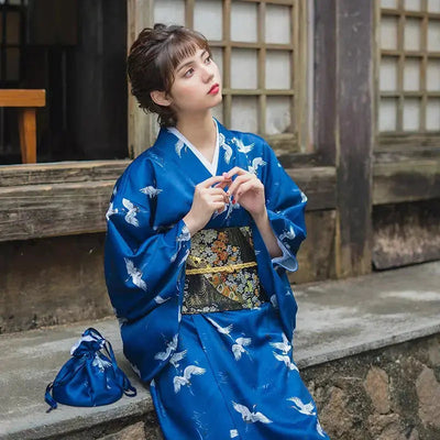 Women's Japanese Kimono in royal blue with cranes print