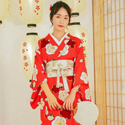 Elegant Red Japanese Kimono for Women with floral pattern