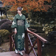 Green Japanese Kimono for Women with iris print