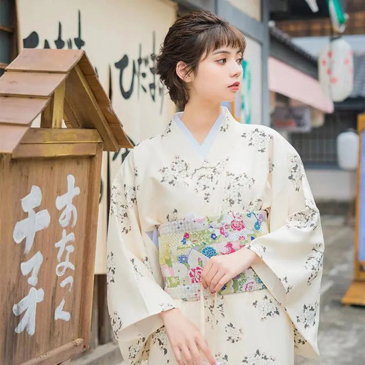 Women's Japanese Kimono in pearly white with white sakura pattern