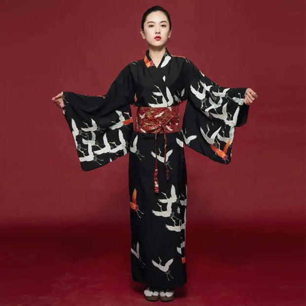 A Black Japanese Kimono for Women with cranes print