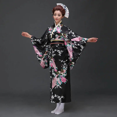 A Traditional Japanese Kimono for Women with floral motifs and satin fabric