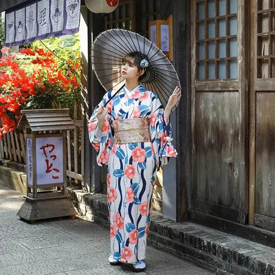 Women's Yukata Kimono in a Japanese spirit with summer colors and sakura pattern