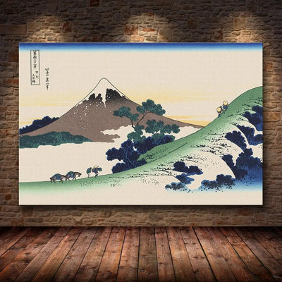 Japanese print showing yet another view of Mount Fuji in a mountainous landscape