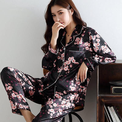 Cute Types Of Flowers Print Silk Pajama Set For Women Short Sleeve
