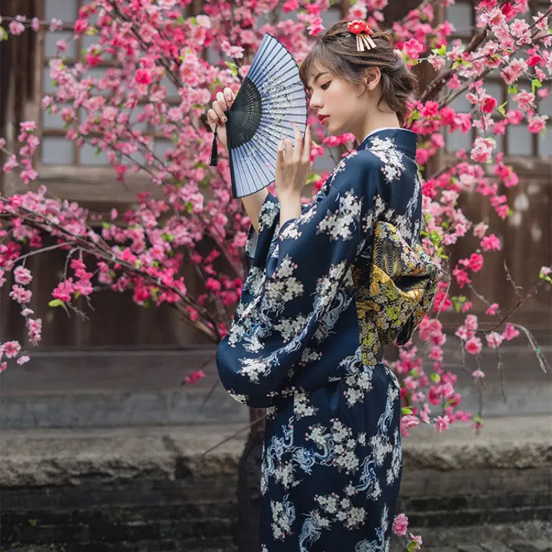 Real Japanese Kimono for Women with dragon and flowers design in blue and white color