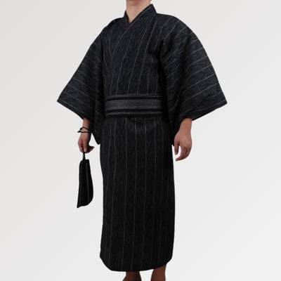 Elegant Men's Yukata in a Black Striped Pattern