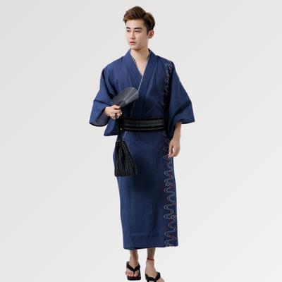 Men's Yukata and its woven cotton with traditional embroidery pattern