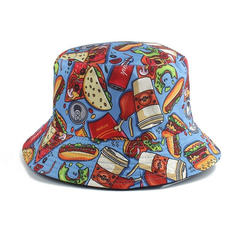 Detail of japanese fast food print on aesthetic bucket hat — Y2K Tokyo, hello kitty aesthetic bucket hat alternative