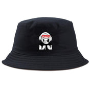 Detail of manga girl print on black anime bucket hat — Akihabara streetwear, stussy bucket hat alternative