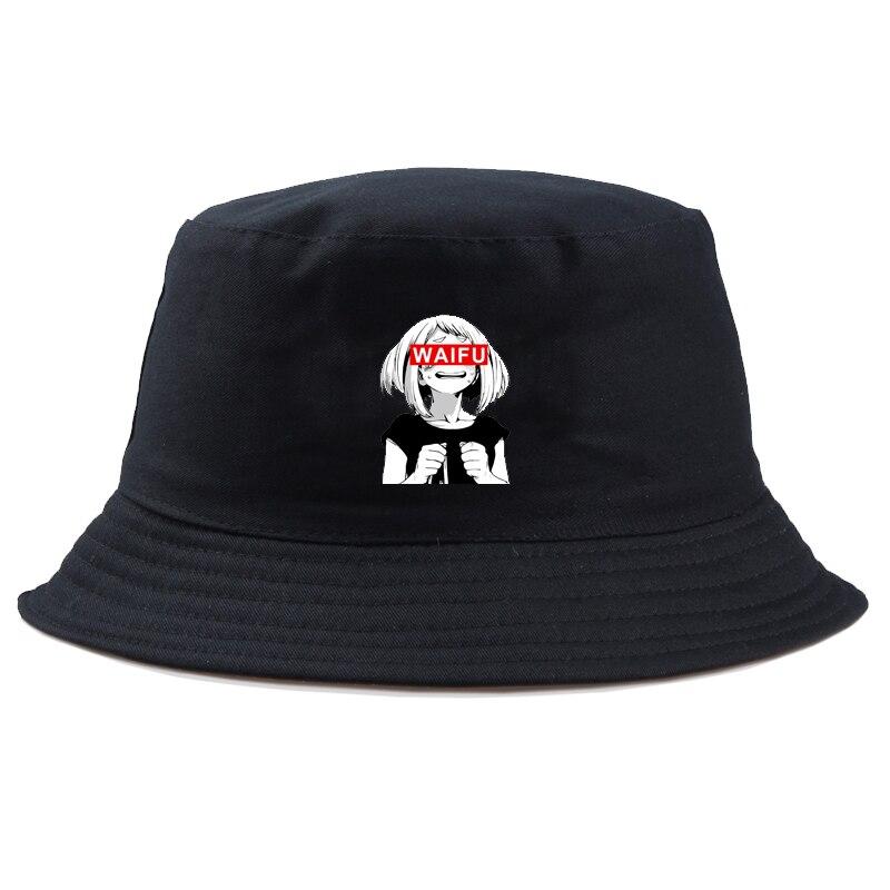 Detail of manga girl print on black anime bucket hat — Akihabara streetwear, stussy bucket hat alternative