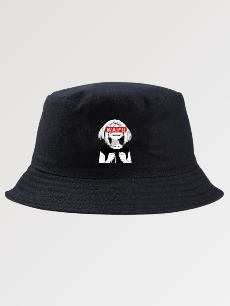 Black anime bucket hat with manga girl print and red box over eyes — Tokyo Akihabara streetwear, supreme anime bucket hat alternative