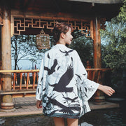 Women's kimono jacket with crows in white and black