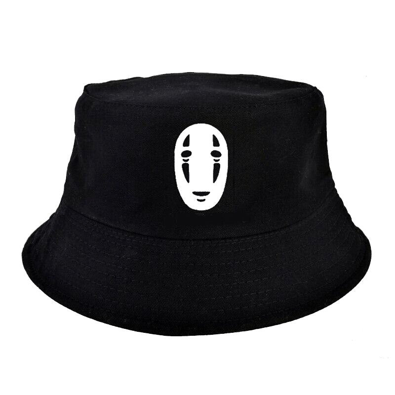 Detail of black cotton bucket hat — embroidered face motif, mens streetwear hat in carhartt-style fit