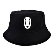 Detail of black cotton bucket hat — embroidered face motif, mens streetwear hat in carhartt-style fit