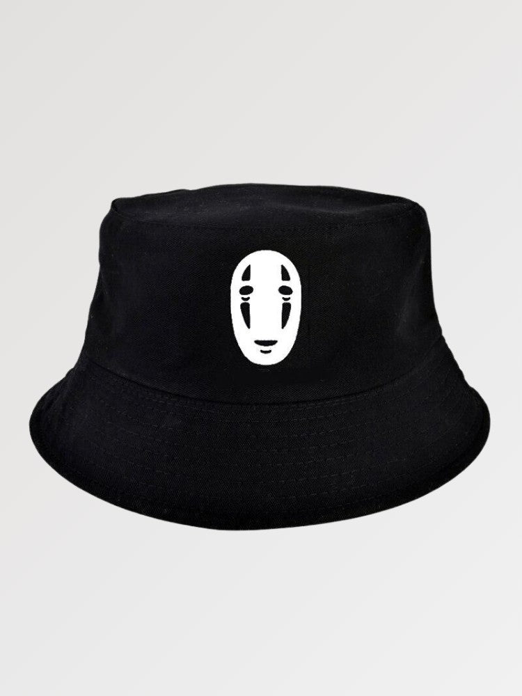 Black bucket hat with masked face print — minimalist Japanese streetwear hat in cotton, supreme bucket hat alternative