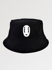 Black bucket hat with masked face print — minimalist Japanese streetwear hat in cotton, supreme bucket hat alternative