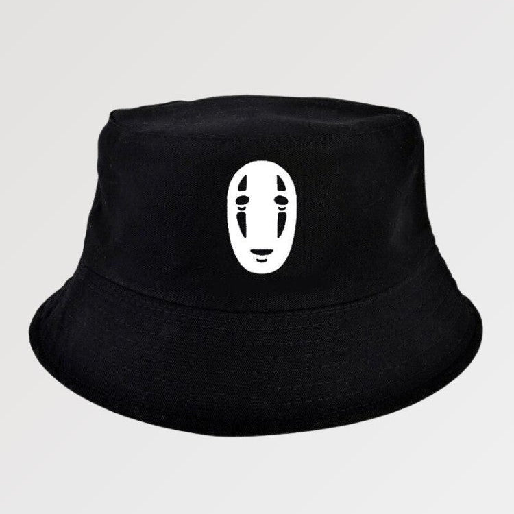 Black bucket hat with masked face print — minimalist Japanese streetwear hat in cotton, supreme bucket hat alternative