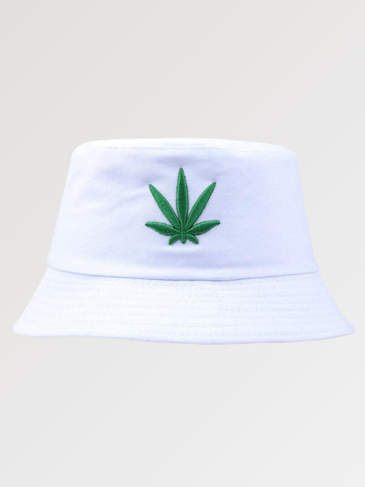 Back view of black bucket hat with leaf embroidery — Japanese cotton, prada bucket hats alternative in cotton