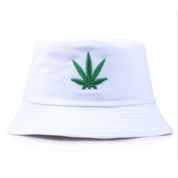 Side view of black bucket hat with hemp leaf — Japanese sashiko cotton, ralph lauren bucket hats alternative