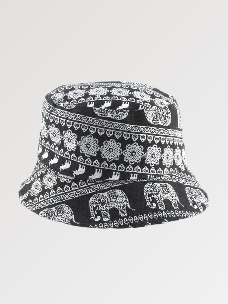 Back view of mandala bucket hat pattern — black and white cotton, urban outfitters pattern bucket hat alternative