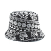 Detail of mandala bucket hat pattern on black cotton — bohemian streetwear, anthropologie pattern bucket hat alternative