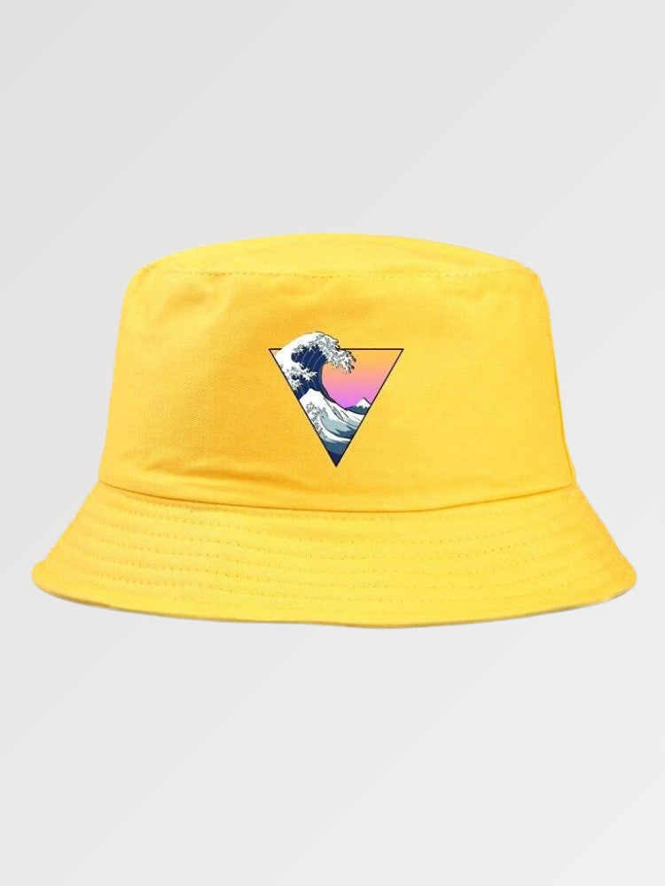 Back view of black streetwear bucket hat with sunset wave triangle — Harajuku synthwave, kangol bucket hat alternative